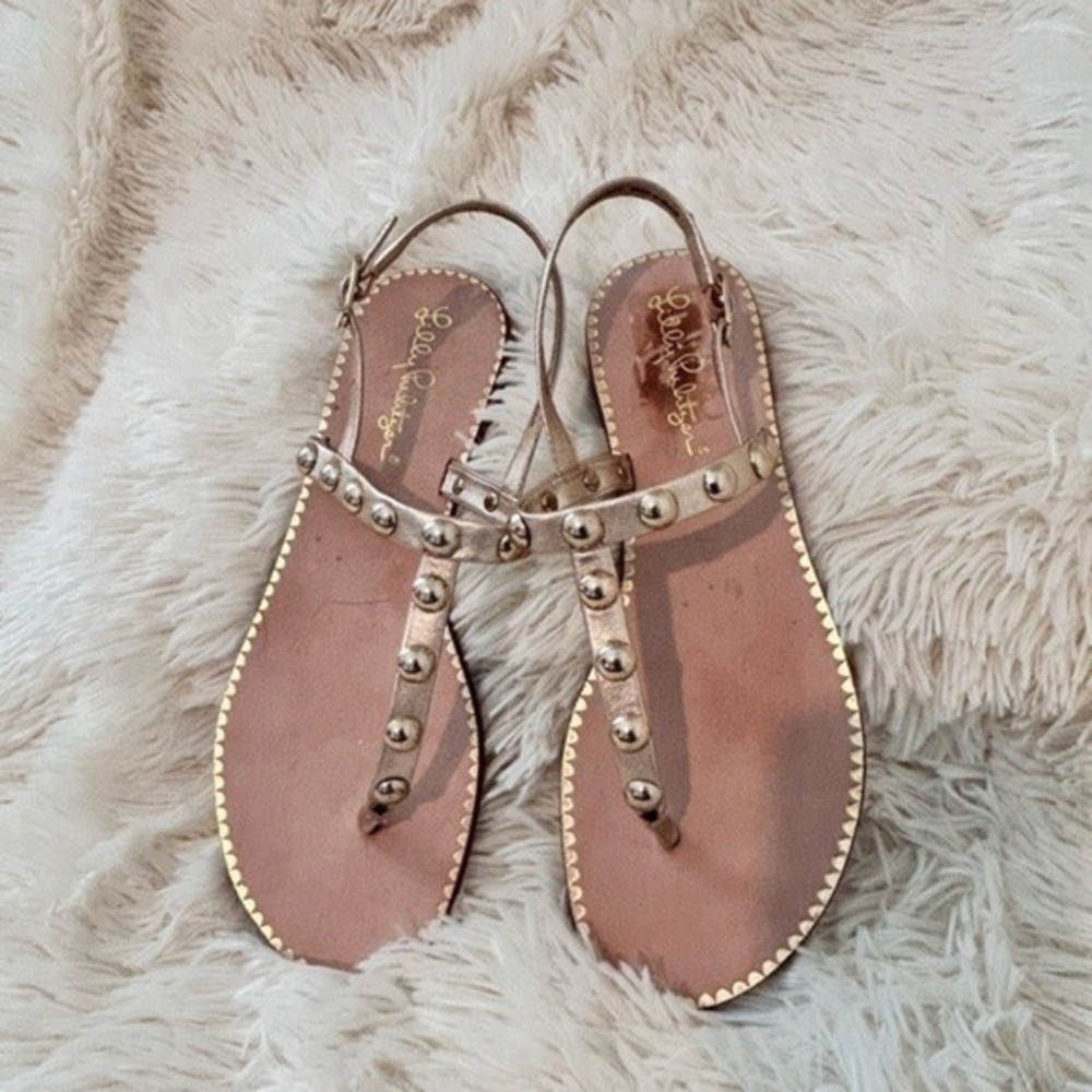 Lilly Pulitzer Gold Metallic Studded Leather T-Strap Sandals 003512 6.5M